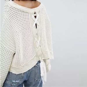 Free People Cream Lace-Up Back Sweater